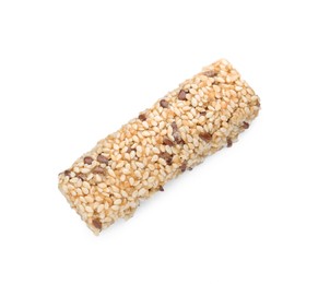 Photo of Tasty sesame seed bar isolated on white