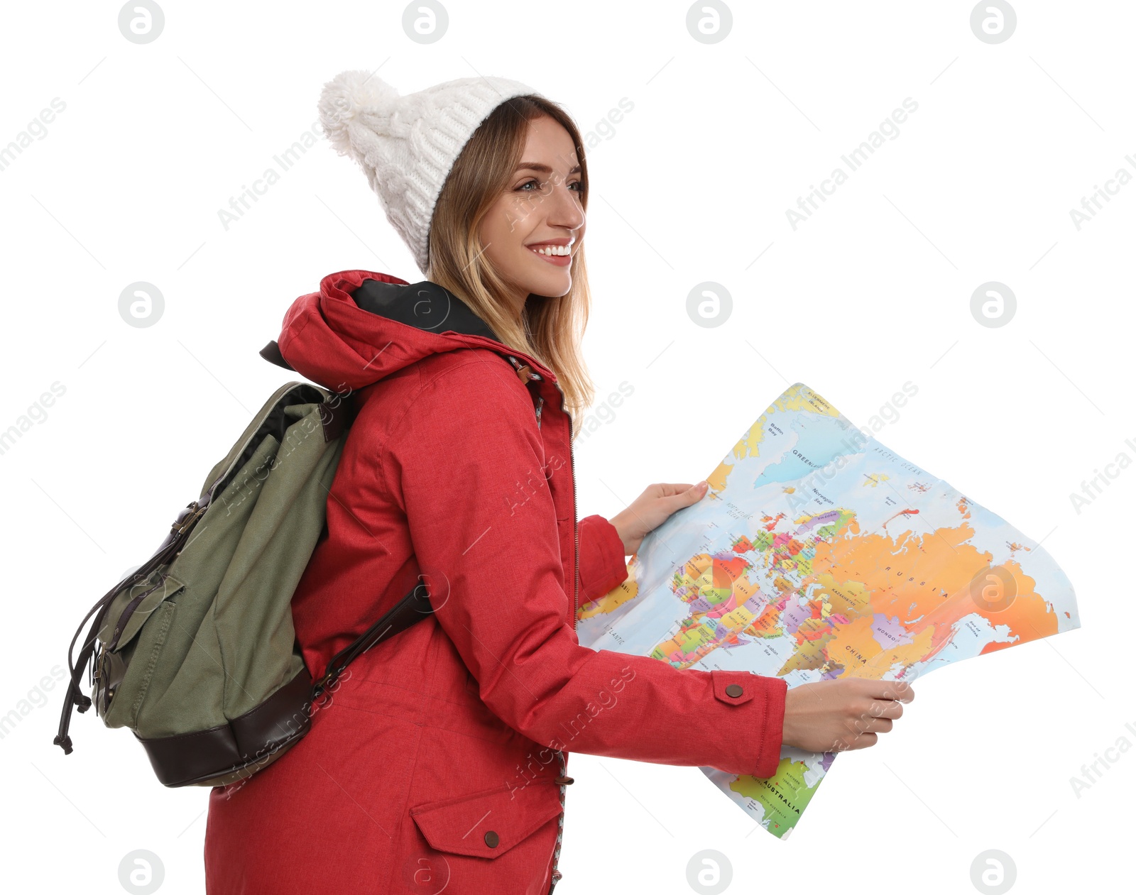 Photo of Woman with map and backpack on white background. Winter travel