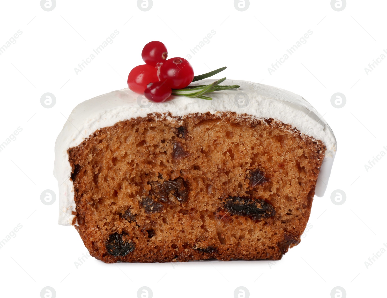 Photo of Slice of traditional Christmas cake with cranberries and icing isolated on white. Classic recipe