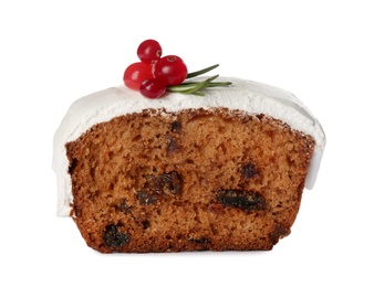 Slice of traditional Christmas cake with cranberries and icing isolated on white. Classic recipe