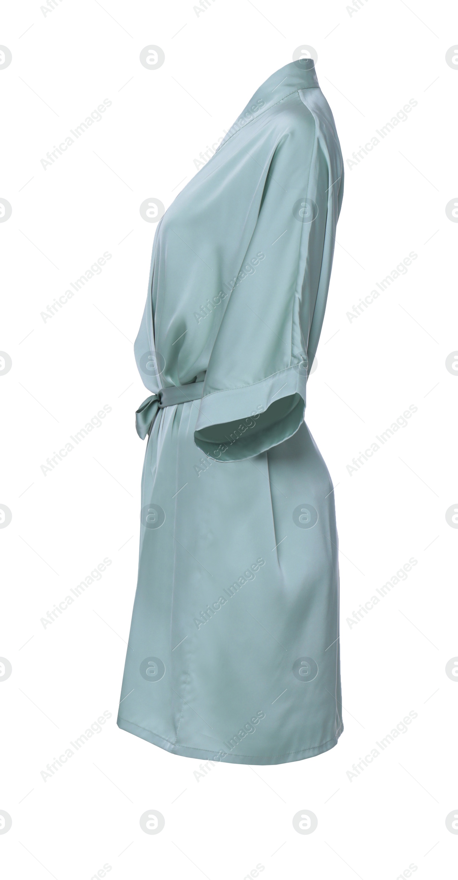 Image of Pale green silk bathrobe isolated on white, side view