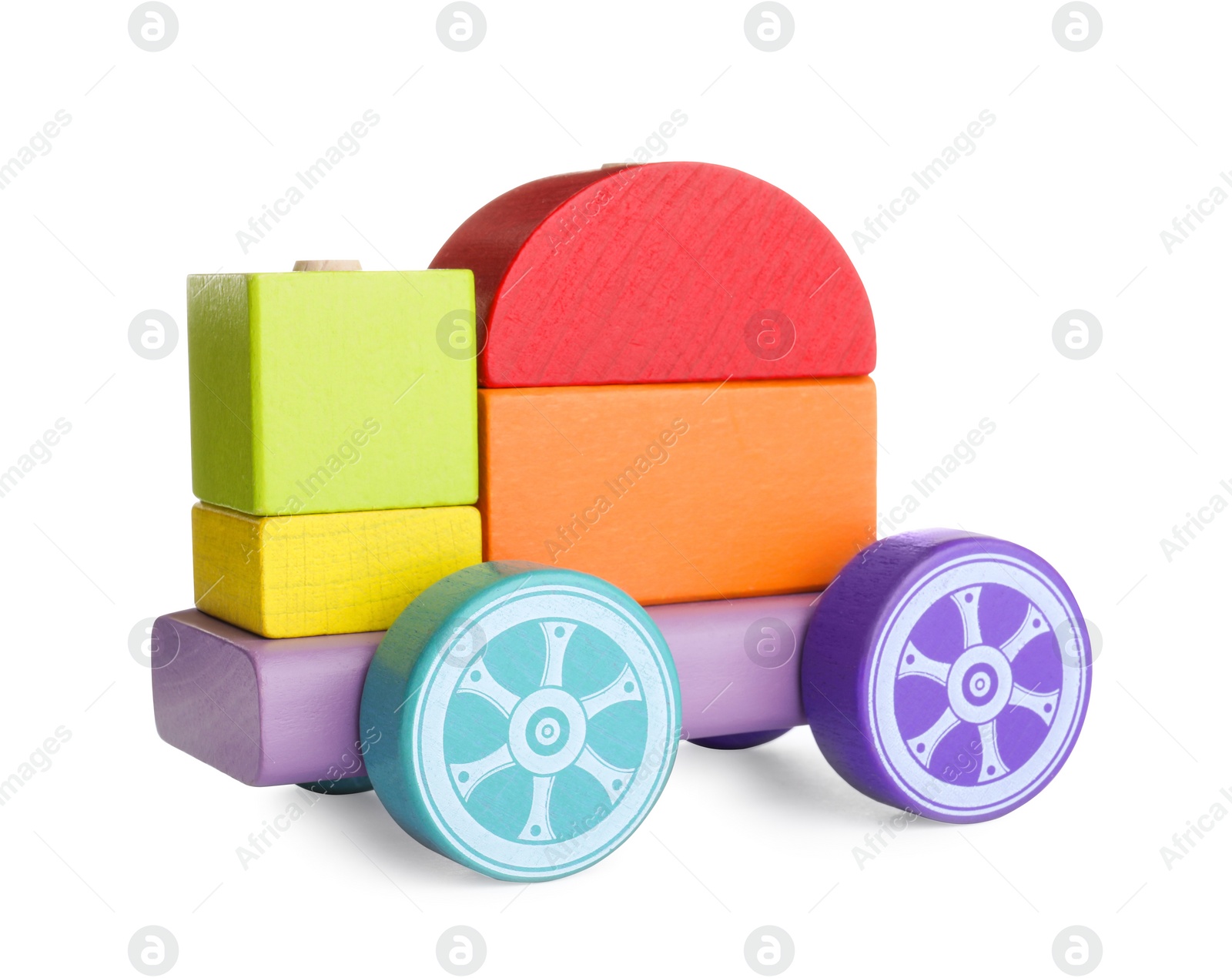 Photo of Colorful wooden toy locomotive isolated on white