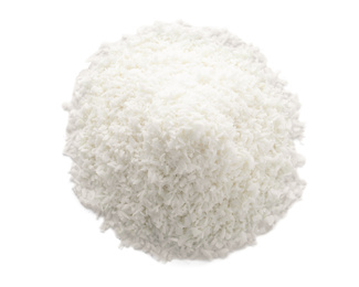 Photo of Heap of fresh coconut flakes isolated on white, top view