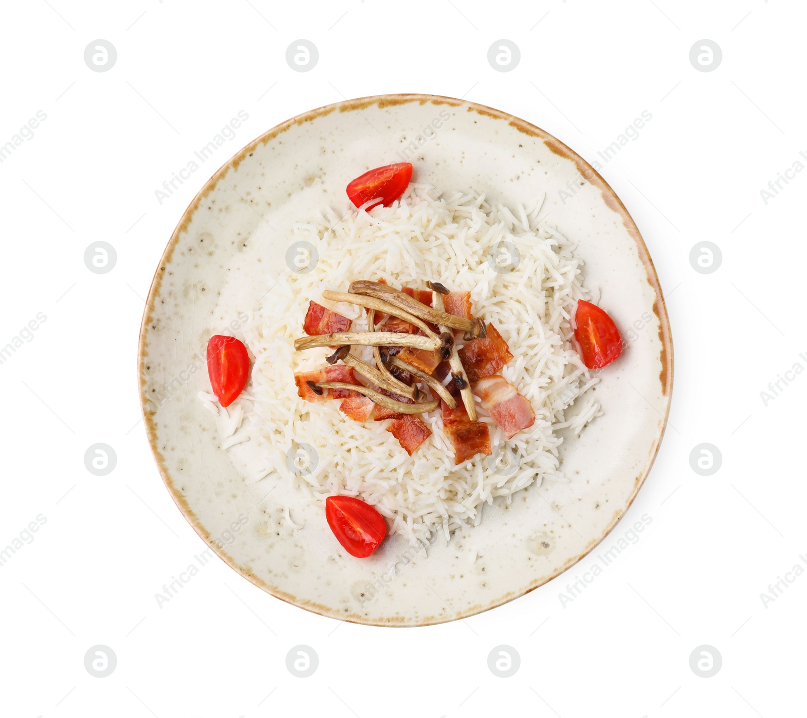 Photo of Delicious rice with bacon, mushrooms and tomatoes isolated on white, top view