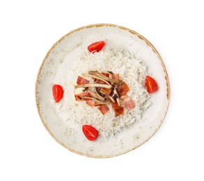 Photo of Delicious rice with bacon, mushrooms and tomatoes isolated on white, top view