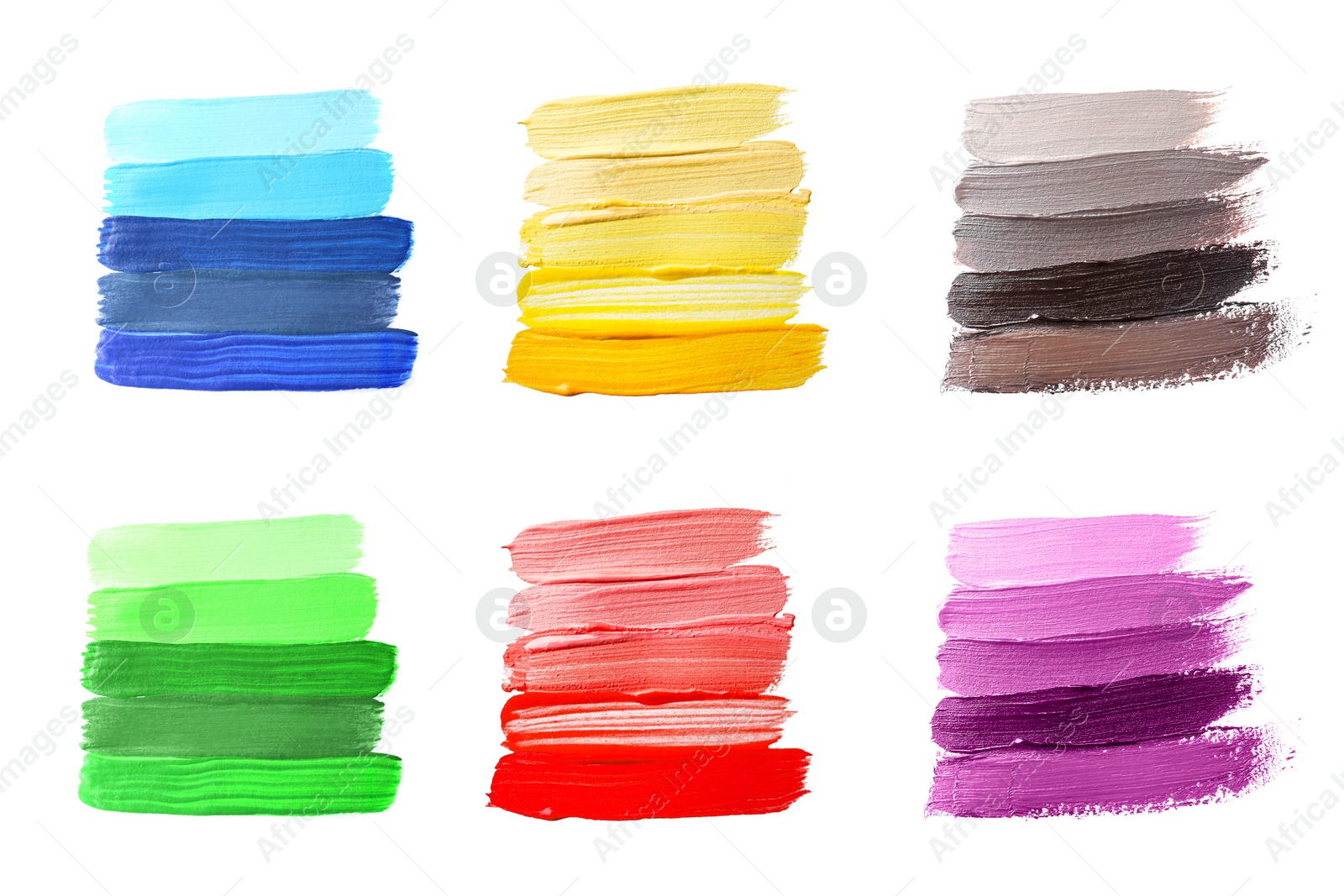 Image of Paint strokes of different colors on white background, top view