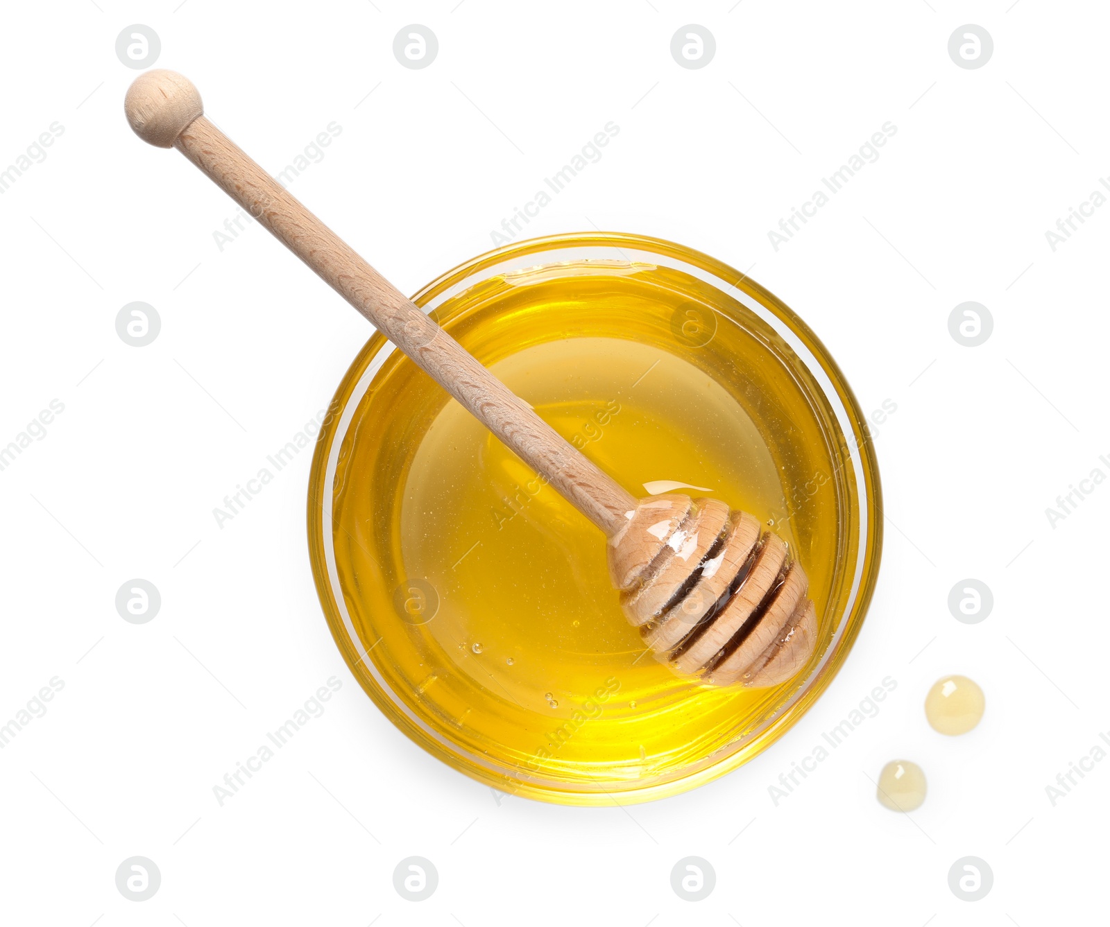 Photo of Tasty honey in bowl and dipper isolated on white, top view