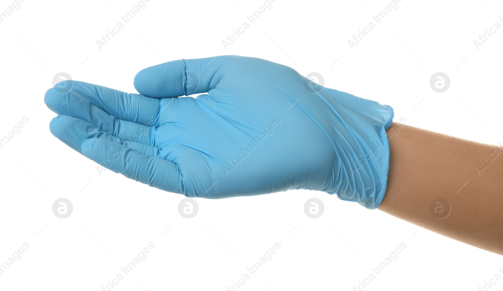 Photo of Person in blue latex gloves holding something against white background, closeup on hand