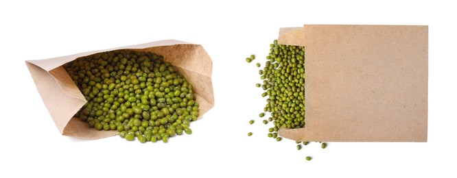 Paper bags with raw mung beans on white background