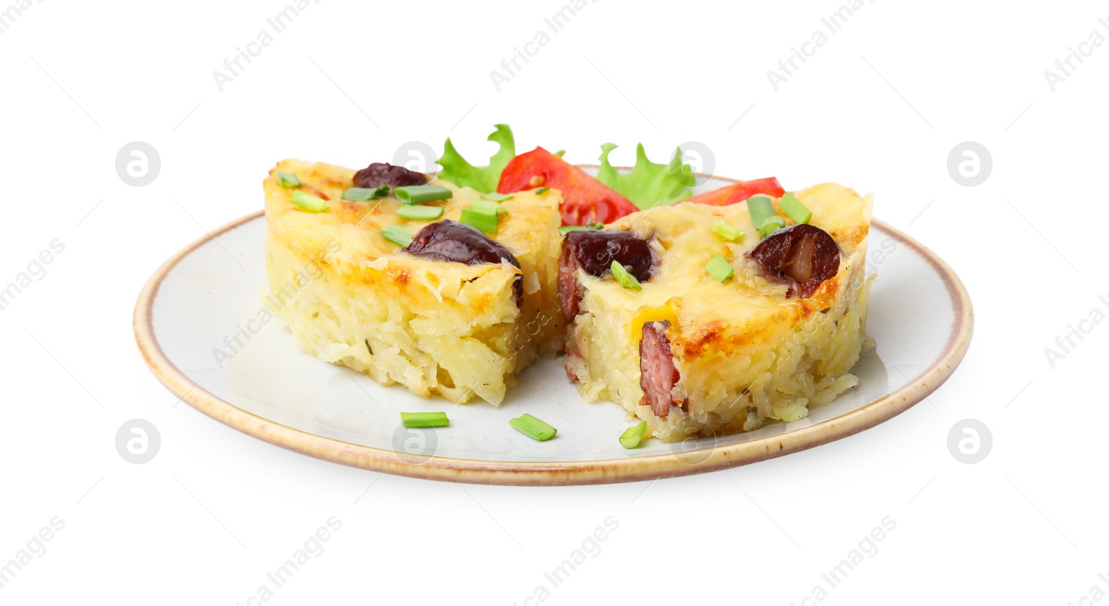 Photo of Tasty sausage casserole with green onions and vegetables isolated on white