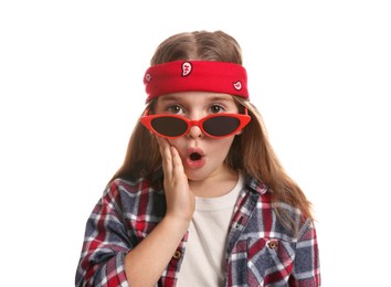 Surprised little girl wearing stylish bandana and sunglasses on white background
