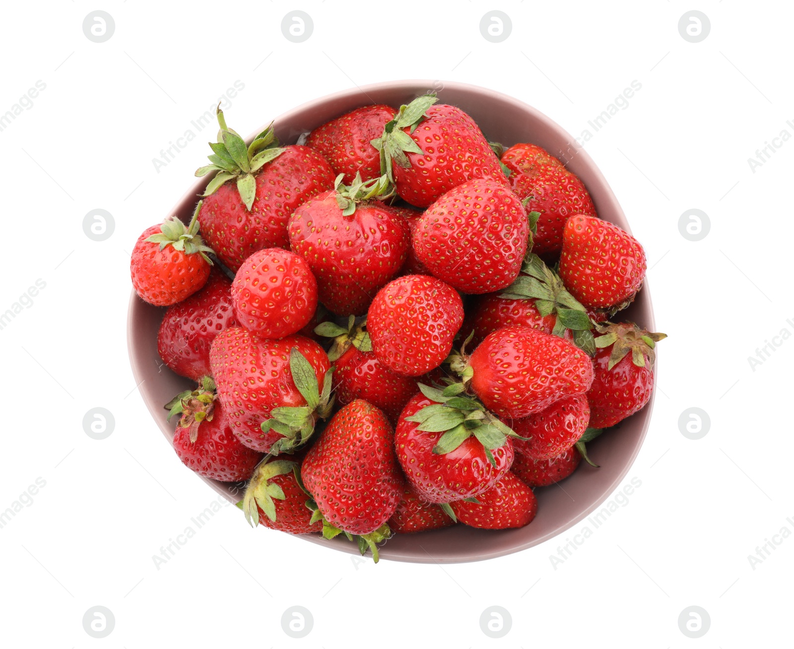 Photo of Ripe strawberries in bowl isolated on white, top view