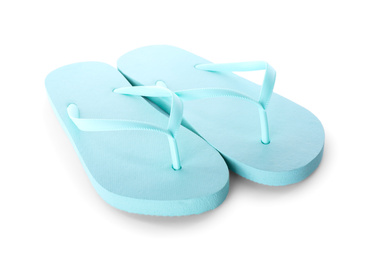 Light blue flip flops isolated on white. Beach accessory