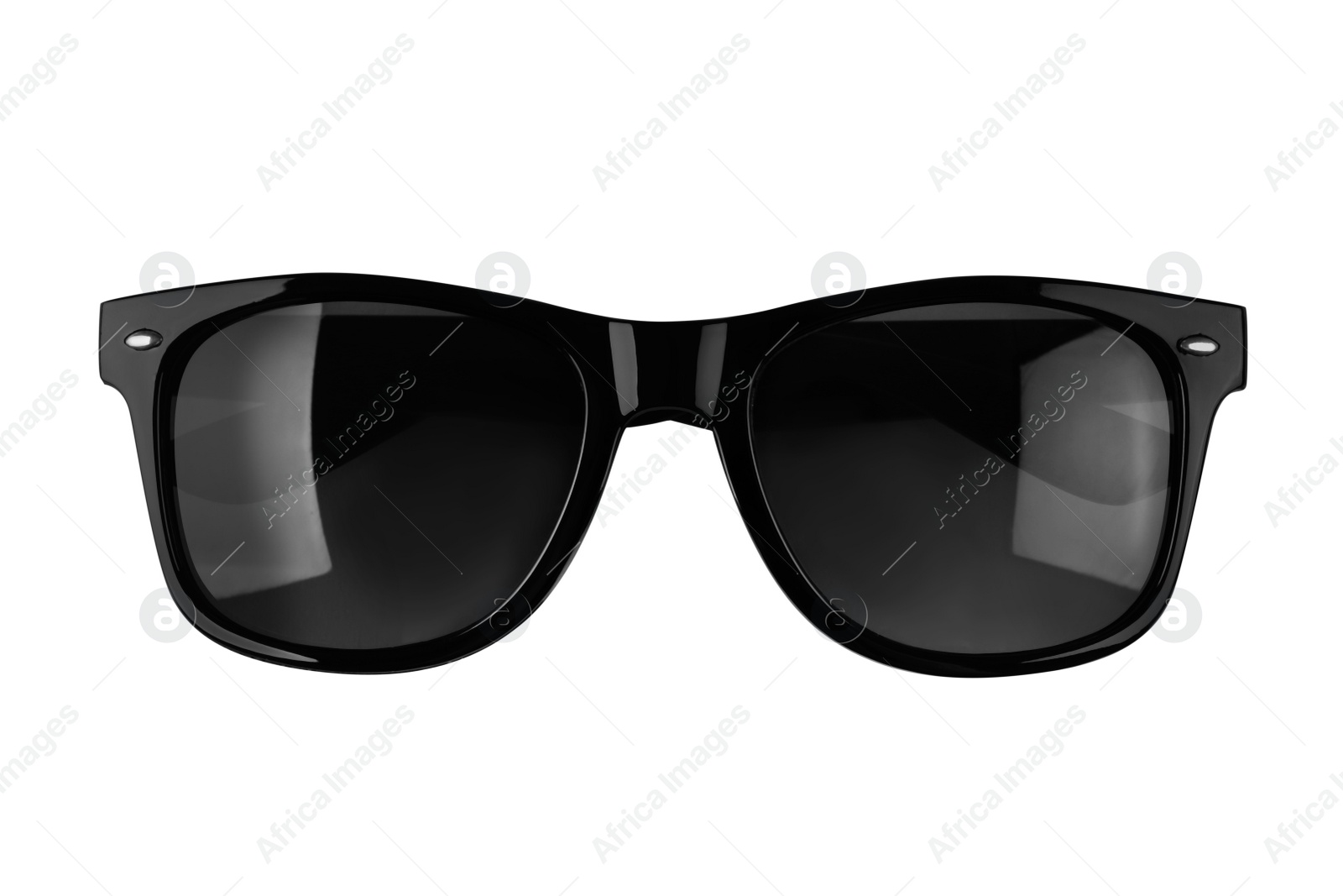 Photo of New stylish sunglasses isolated on white, top view