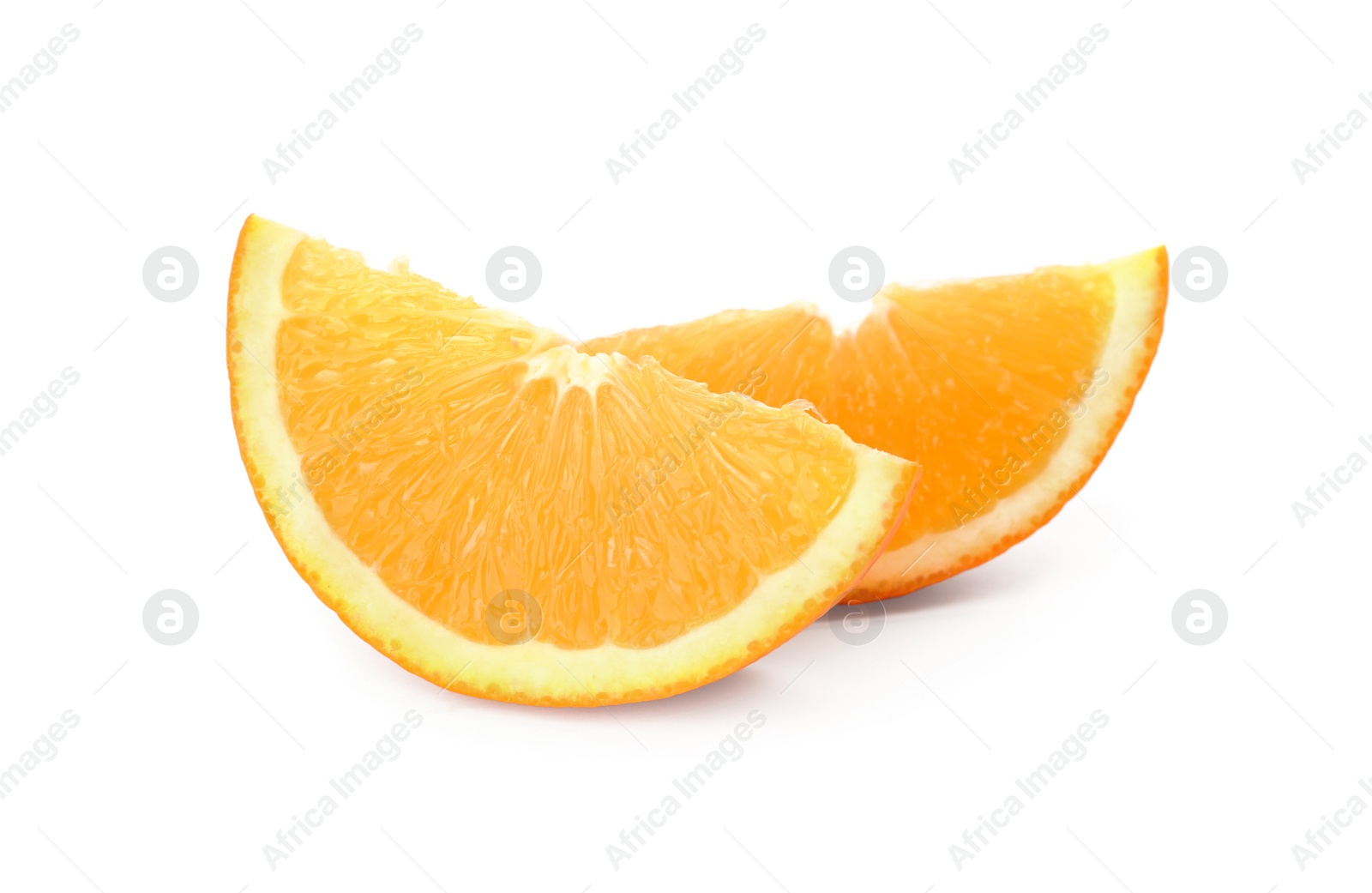 Photo of Slices of fresh ripe orange on white background