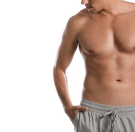 Young man with slim body on white background, closeup view