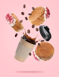 Image of Round croissants and coffee in air on pink background