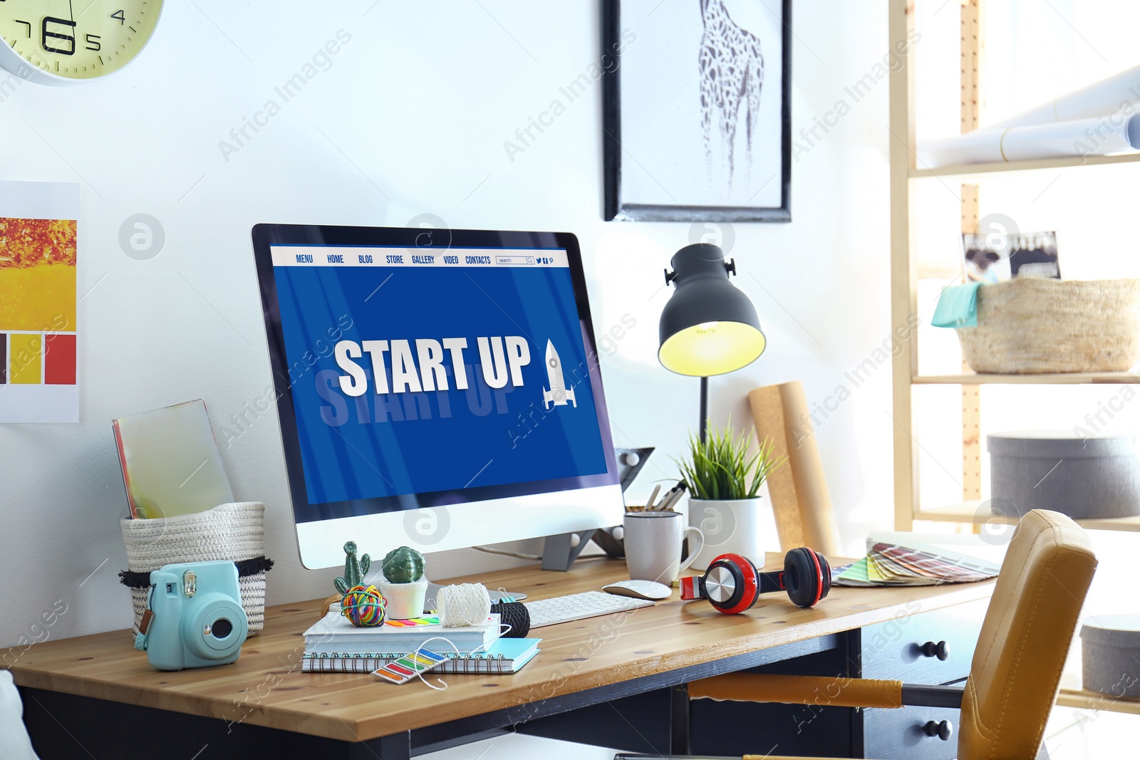 Image of Startup business concept. Workplace with computer in office 