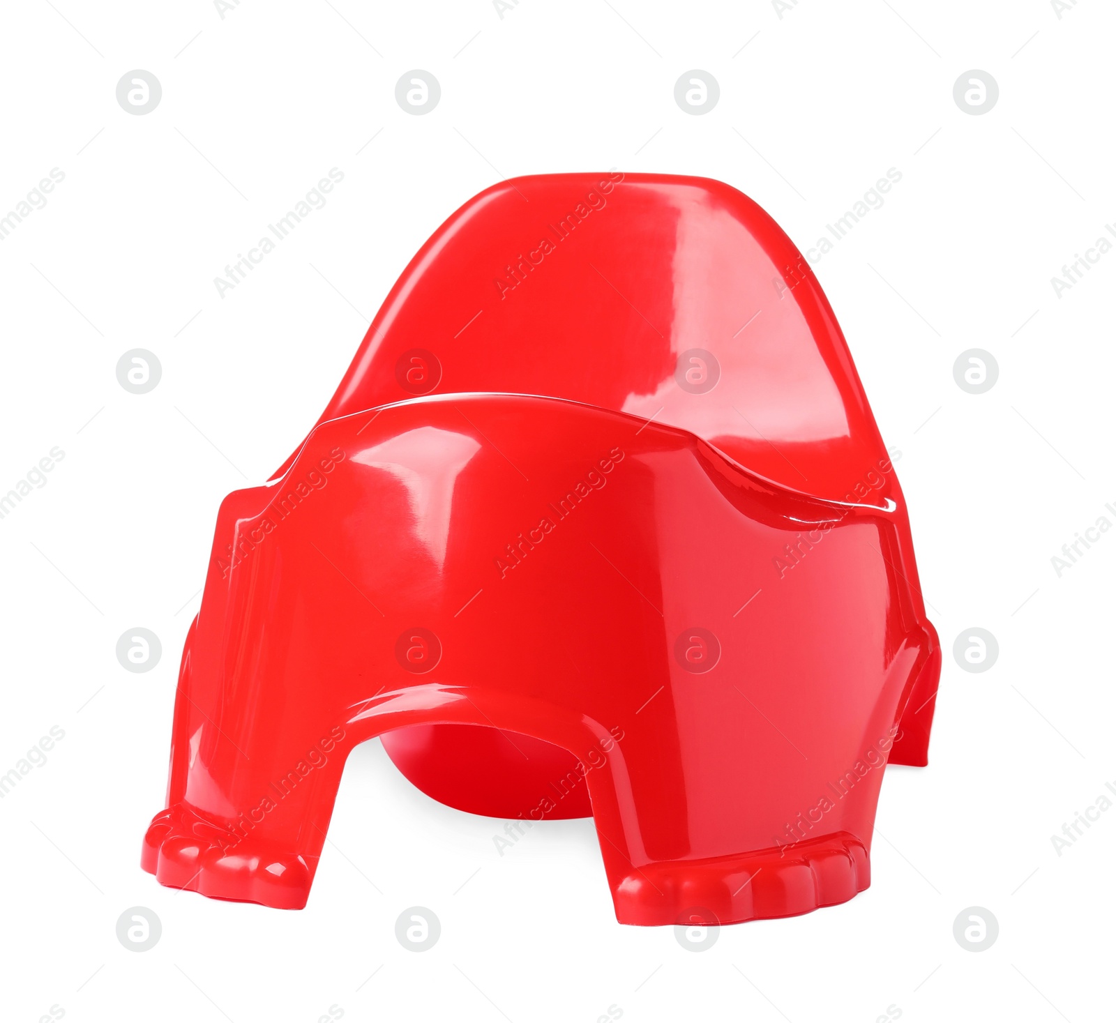 Photo of Red baby potty on white background. Toilet training