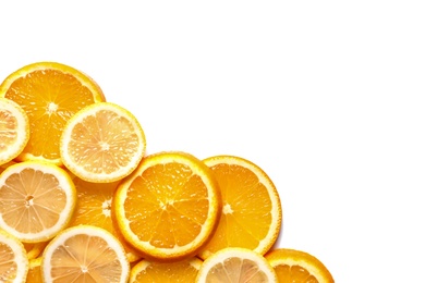 Photo of Slices of fresh citrus fruits on white background, top view