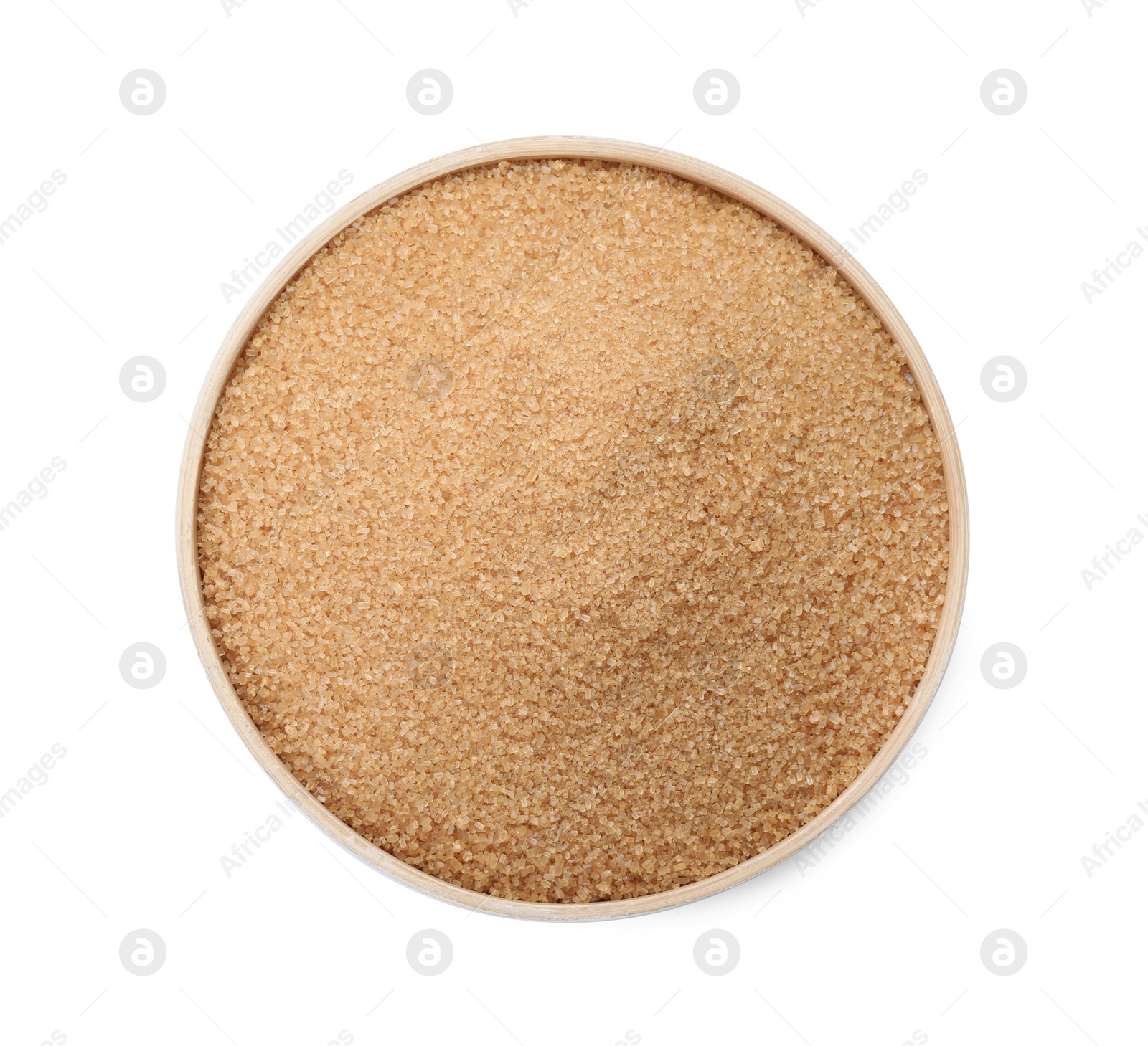 Photo of Brown sugar in bowl isolated on white, top view