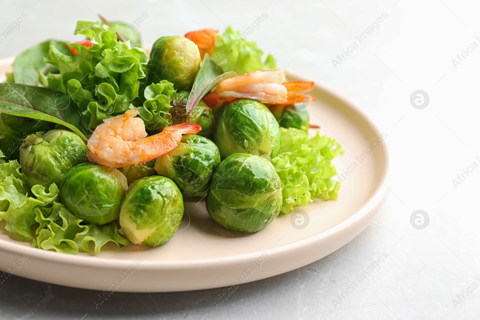 Photo of Tasty salad with Brussels sprouts on light grey table, closeup