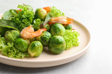 Photo of Tasty salad with Brussels sprouts on light grey table, closeup