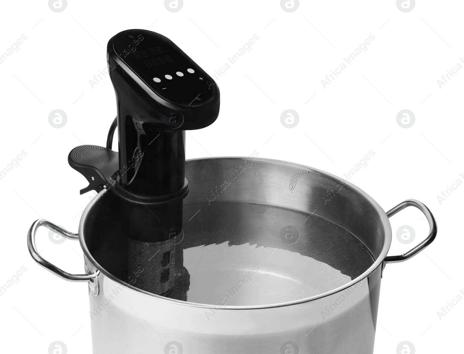 Photo of Thermal immersion circulator for sous vide cooking in pot on white background, closeup