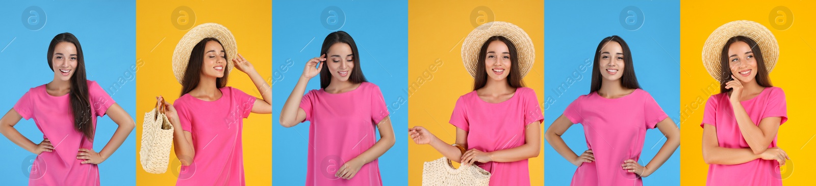 Image of Collage with photos of young woman wearing dress on bright backgrounds