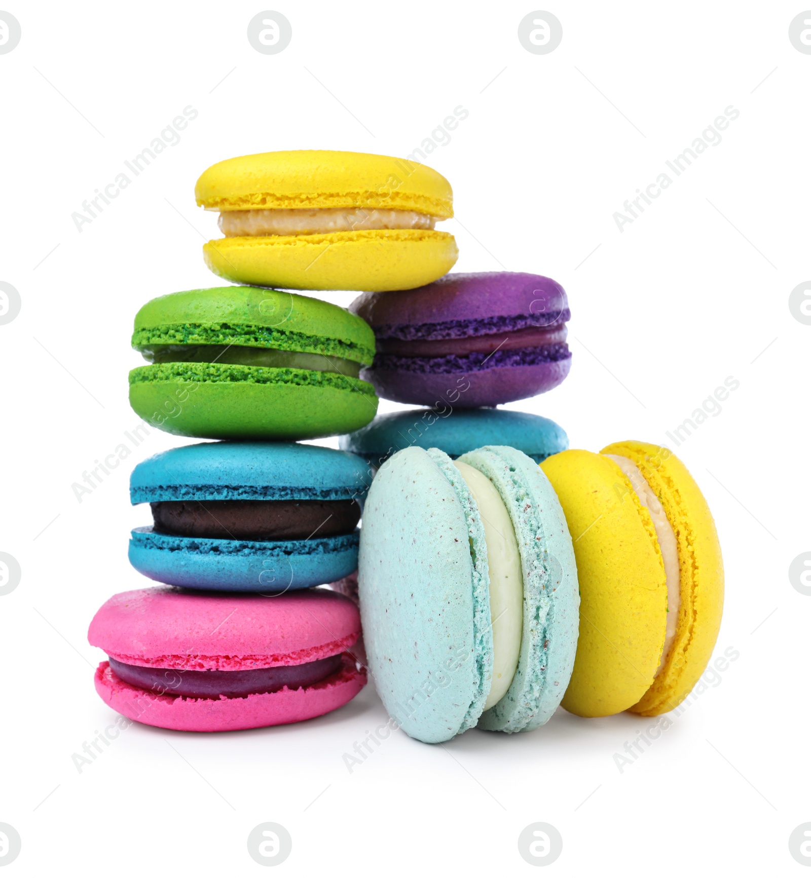 Photo of Different delicious colorful macarons on white background