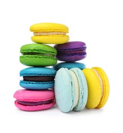 Photo of Different delicious colorful macarons on white background