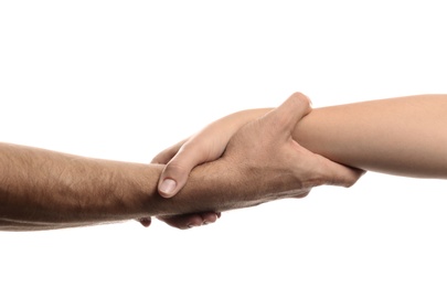 Man and woman holding hands on white background, closeup. Help and support concept