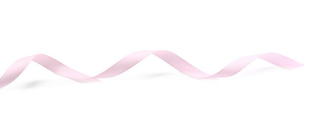 One pink ribbon on white background, above view