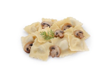 Delicious ravioli with mushrooms and dill isolated on white