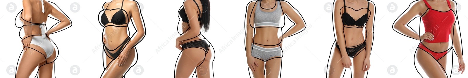 Image of Collage with photos of slim young women wearing beautiful underwear on white background, banner design. Illustrations of lines around ladies before weight loss