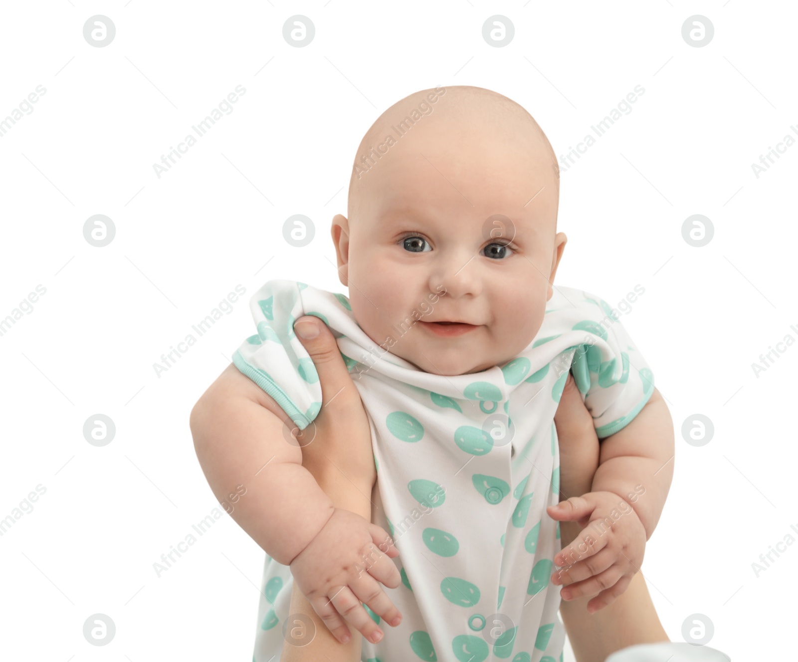 Photo of Woman holding cute little baby on white background