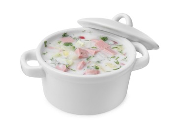 Delicious cold summer soup (okroshka) with boiled sausage in pot isolated on white