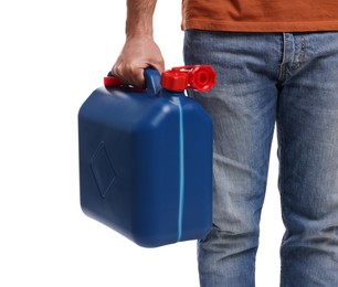 Photo of Man holding blue canister on white background, closeup