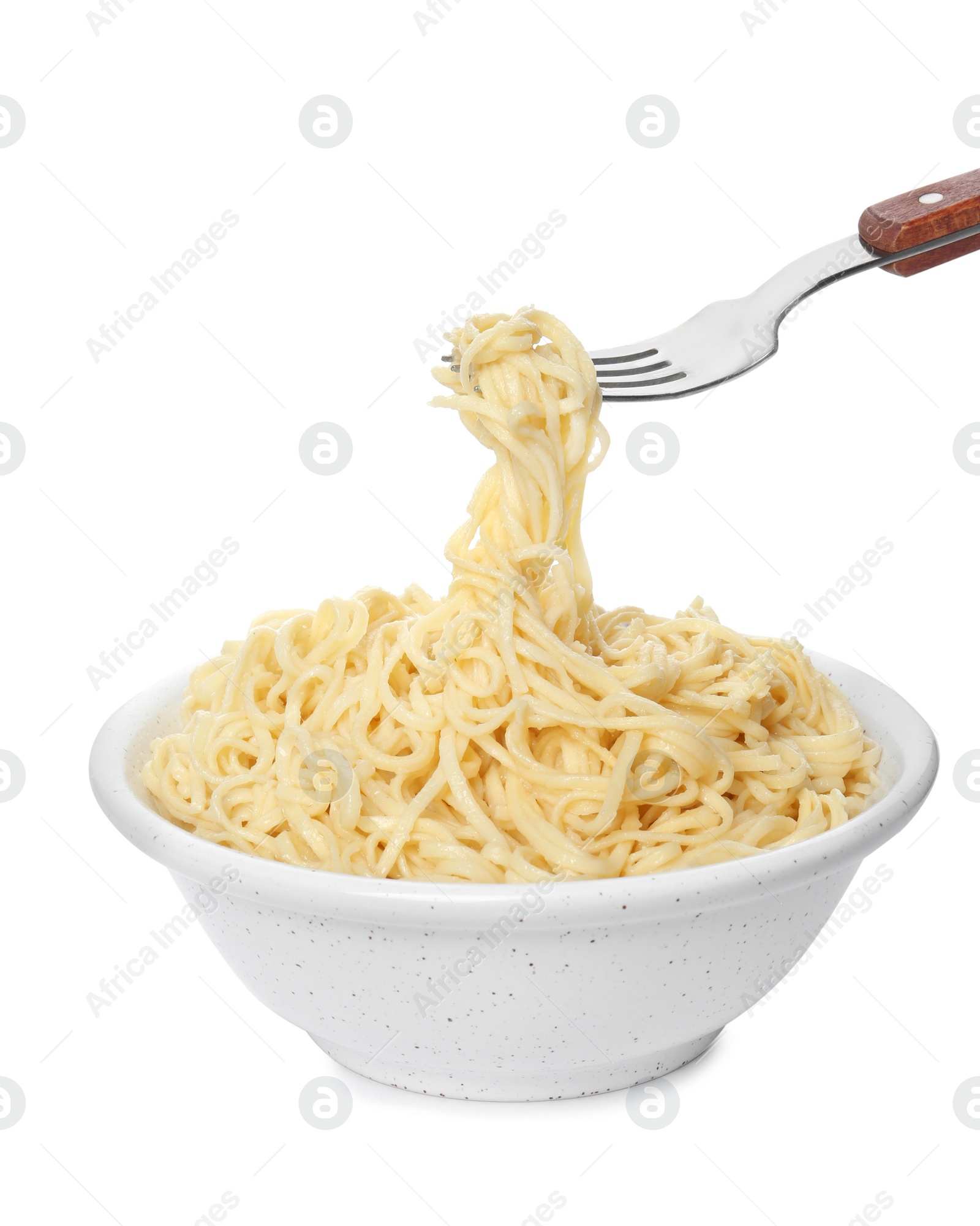 Photo of Fork with tasty instant noodles over bowl on white background