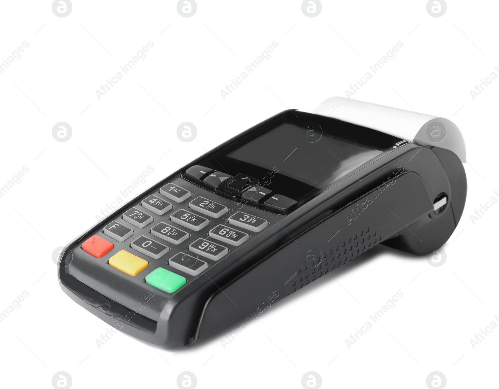 Photo of New modern payment terminal on white background