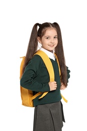 Photo of Little girl in stylish school uniform on white background