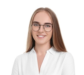 Photo of Portrait of happy young secretary on white background