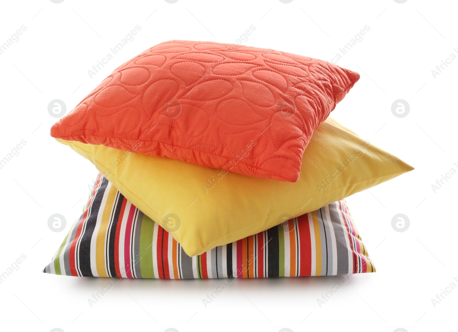 Photo of Stack of different colorful pillows on white background