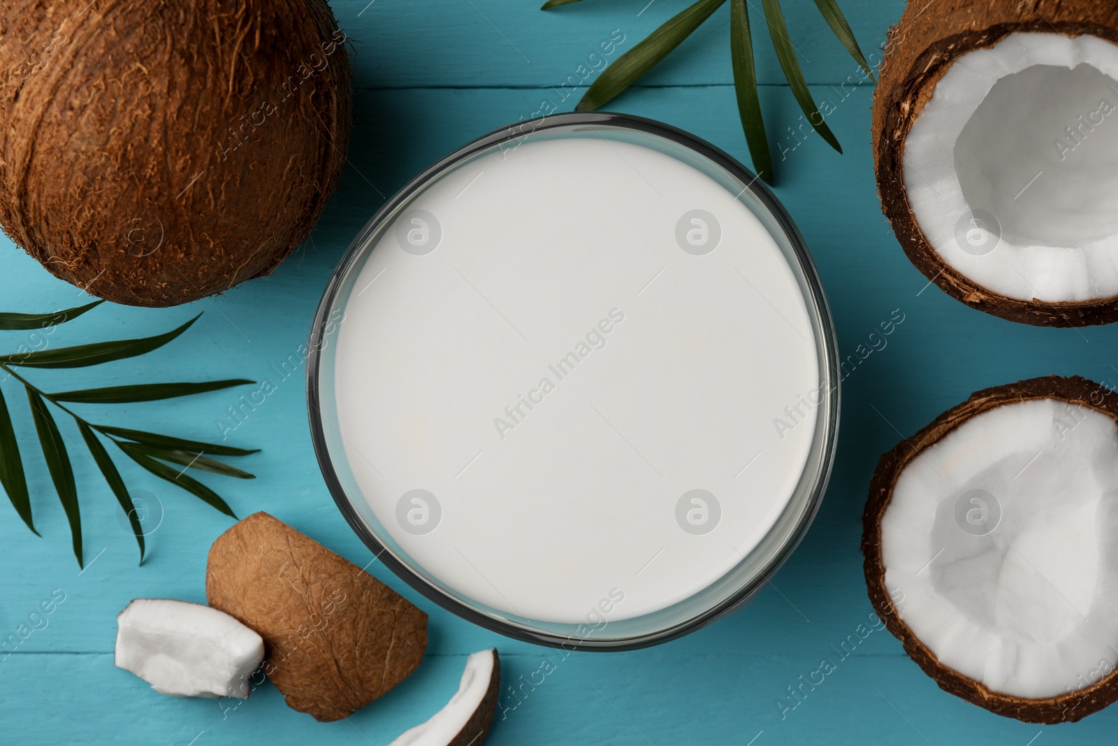 Photo of Bowl of delicious vegan milk, palm leaf and coconuts on light blue wooden table, flat lay