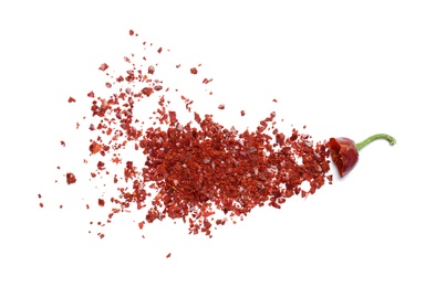 Photo of Crushed chili pepper on white background