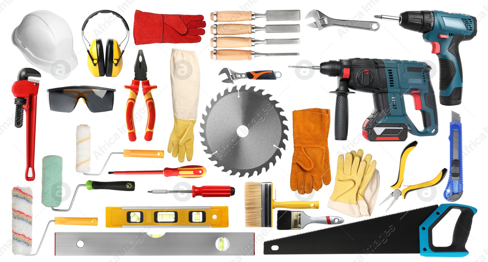 Image of Set with different tools on white background