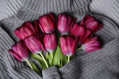 Beautiful purple tulips wrapped in gray sweater, top view