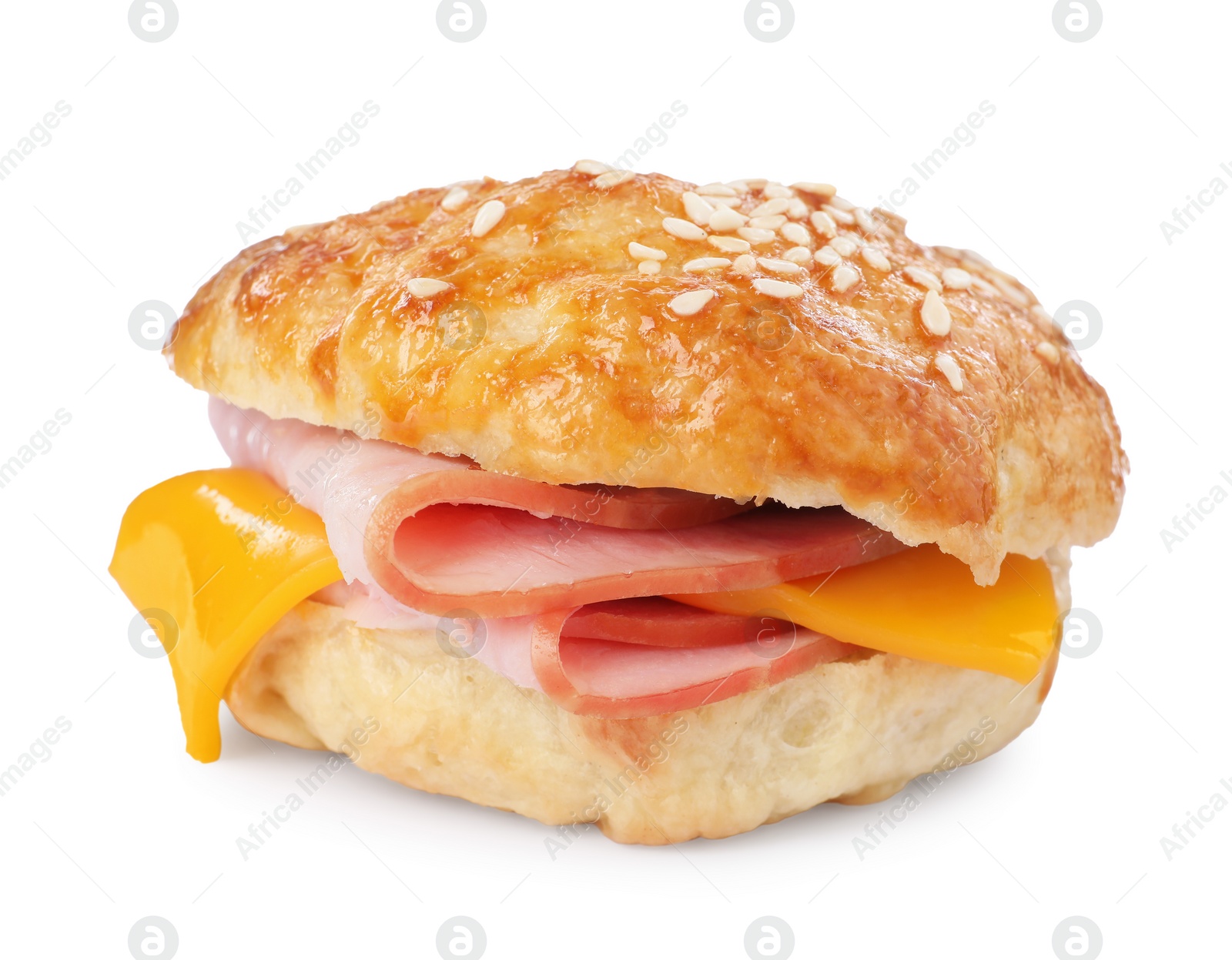 Photo of Delicious bagel with ham and cheese isolated on white