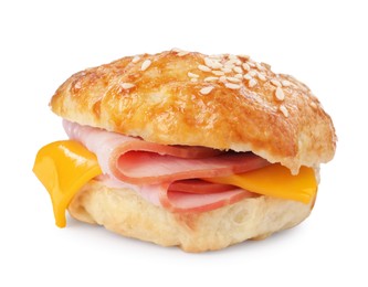 Photo of Delicious bagel with ham and cheese isolated on white