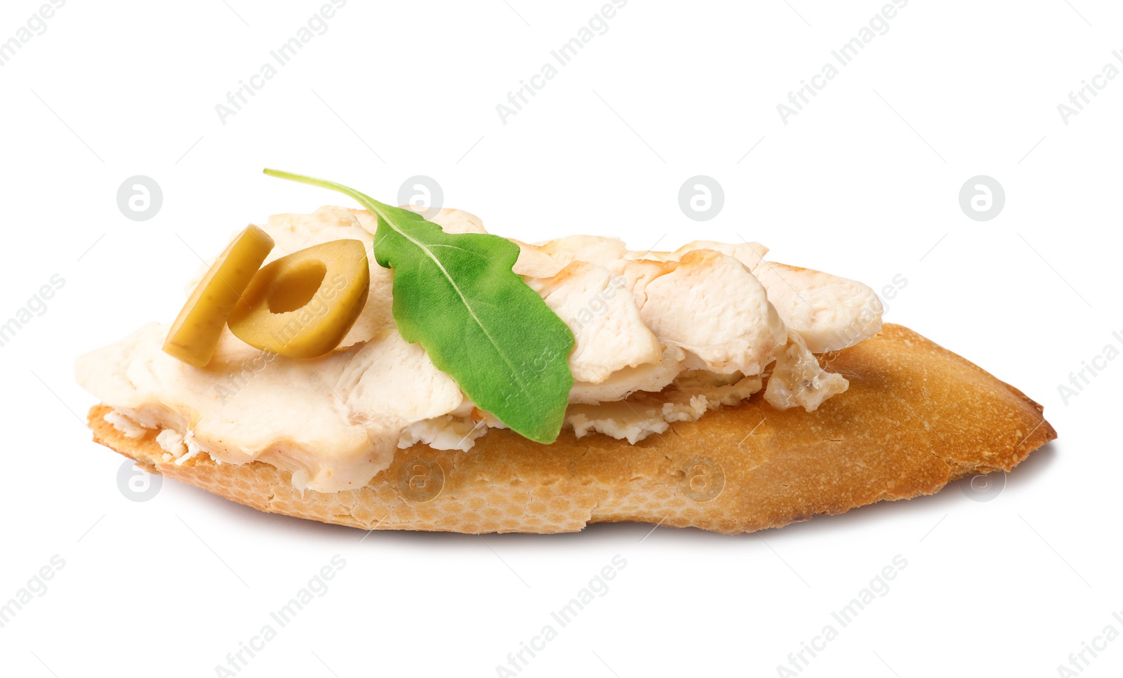 Photo of Delicious chicken bruschetta on white background. Traditional Italian antipasto